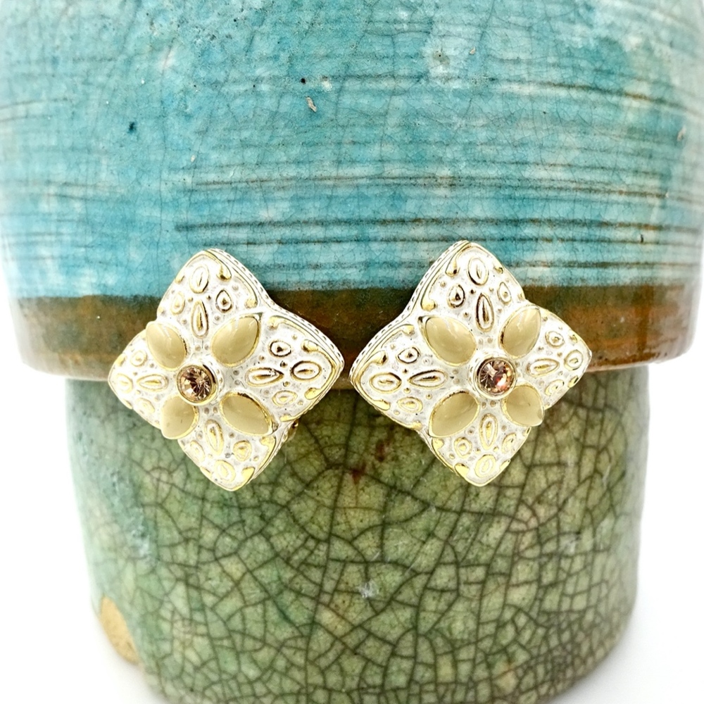 JOAN RIVERS GOLD WHITE ENAMEL EARRINGS Clip On